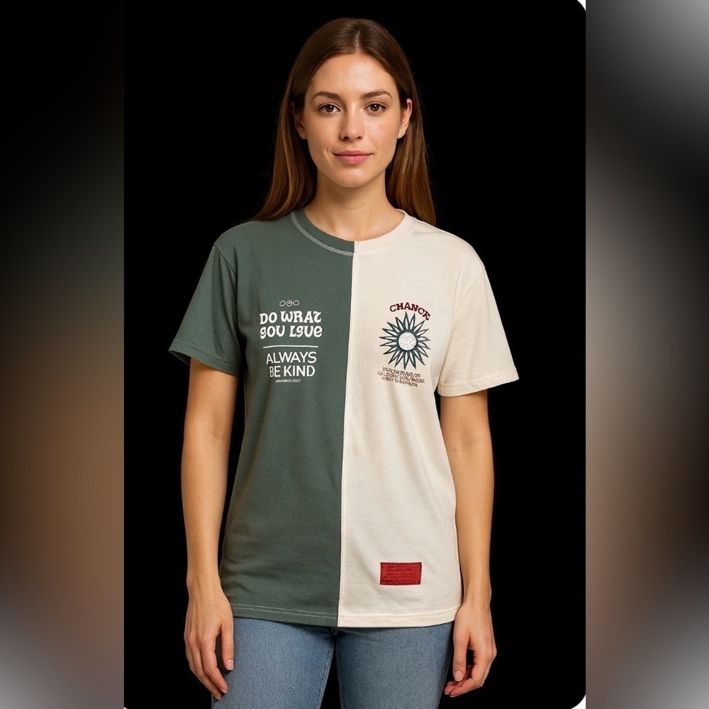 CHNGE Green and Cream Split Graphic T-Shirt